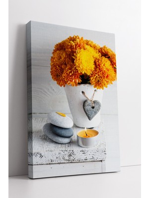 KOSS Dijital Sarı Çiçek Aranjmanı ve Mum Detaylı Sakin Atmosfer Sunan Minimalist Dekor Kanvas Tablo