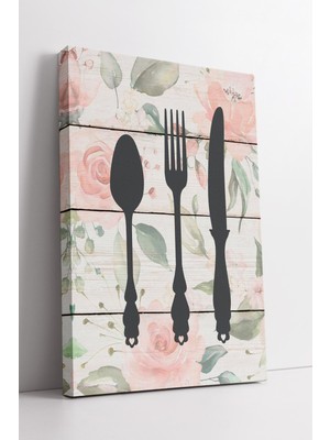 KOSS Dijital Çiçek Desenli Beyaz Ahşap Zemin Üzerinde Kaşık Çatal Bıçak Siluetli Modern Mutfak Kanvas Tablosu