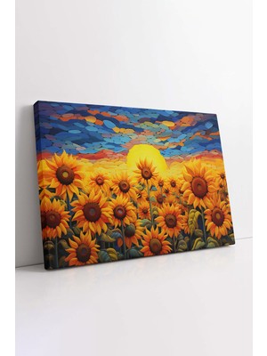 KOSS Dijital Soyut Geometrik Desenli Yağlı Boya Çizim Görünümlü Ayçiçeği Tarlası ve Güneş Dekoratif Kanvas Tablo
