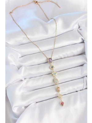 Stainles Steel Pirinç Gold Renk Zirkon Taşlı Baget Dekolte Model Kadın Kolye