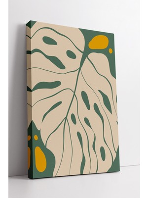 KOSS Dijital Yeşil ve Sarı Detaylı Soyut Yaprak Desenli Modern Minimalist Kanvas Tablo Bej Zeminli