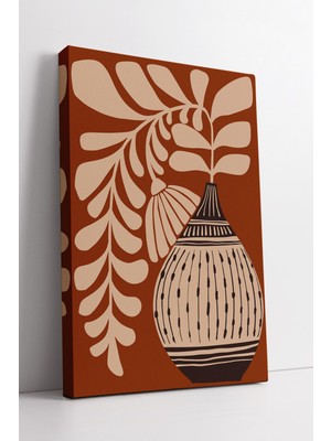 KOSS Dijital Kahverengi Etnik Desenli Vazo ve Yaprak Motifli Boho Tarz Modern Minimalist Dekoratif Kanvas Tablo