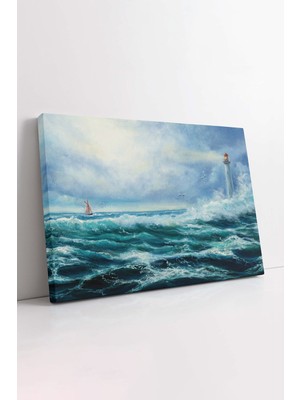 KOSS Dijital Deniz Feneri Gökyüzü ve Dalgalı Deniz Yağlı Boya Görünümlü Dekoratif Yatay Kanvas Tablo,modern Dekor