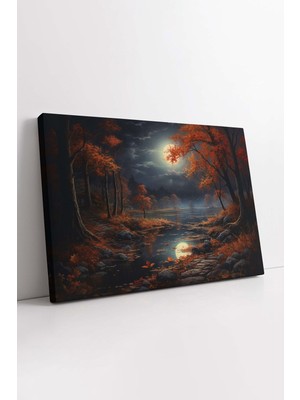 KOSS Dijital Sonbahar Yapraklar Göl ve Ay Gece Doğa Manzarası Yağlı Boya Görünümlü Dekoratif Yatay Kanvas Tablo