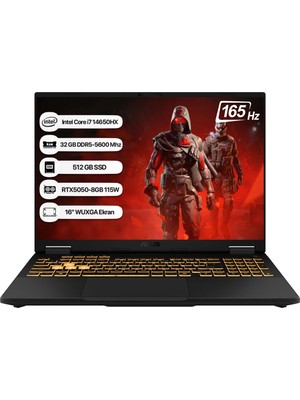 Asus Tuf Gaming F16 FX608JHR-RV055 Intel Core I7 14650HX 32GB 512GB SSD RTX5050-8GB 115W Freedos 16" 165Hz Wuxga Taşınabilir Bilgisayar