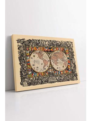 KOSS Dijital Vintage Görünümlü Dünya Haritası Ülke Bayrakları ve Tarihi Figürler Dekoratif Yatay Kanvas Tablo