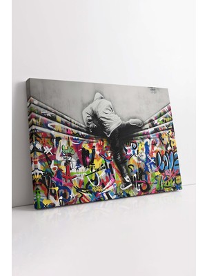 KOSS Dijital Banksy Grafiti Sokak Sanatı Renkli Duvardan Zıplayan Adam Sanatsal Dekoratif Kanvas Duvar Tablosu