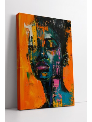 KOSS Dijital Afrikalı Kadın Portresi Turuncu Arka Plan Üzerinde Modern Soyut Renkli Kanvas Tablo