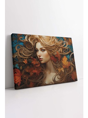 KOSS Dijital Sarışın Kadın ve Sonbahar Kanvas Tablo, Sarı Yaprak ve Sonbahar Tablo, Modern Dekoratif Tablo