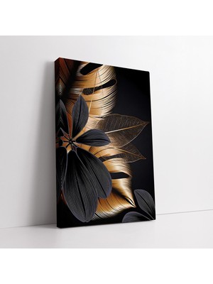 KOSS Dijital Altın Detaylı Dekoratif Siyah Yapraklar Kanvas Duvar Tablosu, Ev Ofis Antre Salon Yatak Odası Dekor