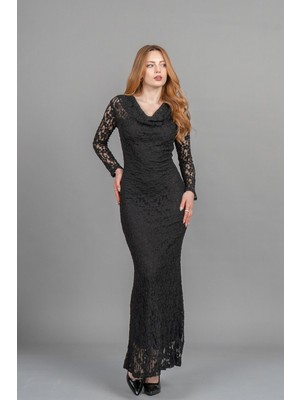 Degaje Yaka Güpür Detaylı Astarlı Tül Slim Uzun Elbise – Missvina 50365