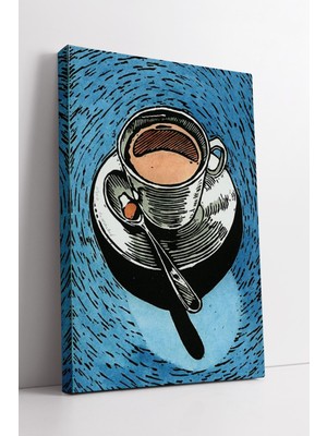 KOSS Dijital Mavi Arka Planlı Çizim Kahve Fincanı Tasarımlı Modern Mutfak Duvar Dekoru Sanatsal Kanvas Tablo