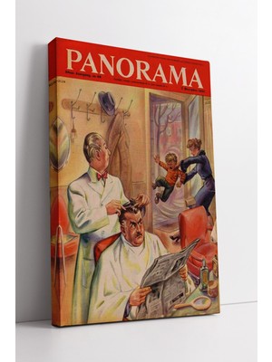 KOSS Dijital Panorama Kapak Tasarımlı Retro Berber Sahnesi Renkli Nostaljik Tarz Dekoratif Kanvas Tablo
