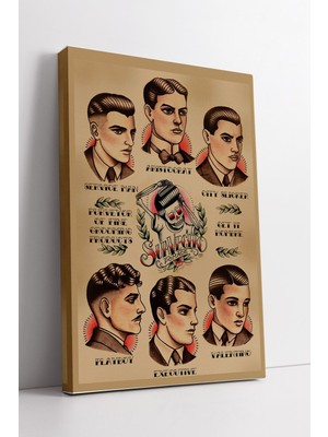 KOSS Dijital Vintage Barber Hair Style Chart Kanvas Tablo Klasik Erkek Saç Modelleri Retro Berber Dekoru