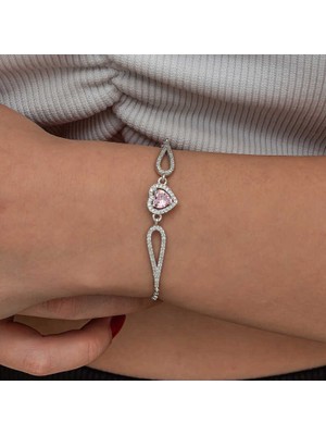 Katre46 Gümüş Pembe Zirkon Taşlı Kalp Bileklik