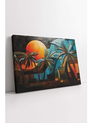 KOSS Dijital Gün Batımı Manzara Kanvas Tablo, Palmiye Tablo, Güneş Manzarası Kanvas, Premium Tablo
