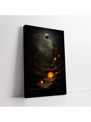 KOSS Dijital Siyah ve Altın Tonlarda Soyut Minimalist Evren Uzay Güneş ve Dünya Dekoratif Kanvas Duvar Dekoru