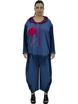 Büyük Beden Kapüşonlu Püskül Detaylı Şalvar Model Ikili Kadın Takım
