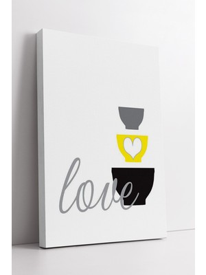 KOSS Dijital Minimal Love Yazılı Sarı Gri Kase Illüstrasyonlu Modern Mutfak Duvar Dekoru Kanvas Tablosu