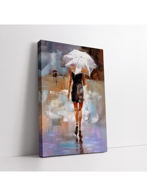 KOSS Dijital Yağmurda Yürüyen Kadın Yağlı Boya Görünümlü Dekoratif Soyut Kanvas Tablo, Ev Ofis Antre Için Dekor