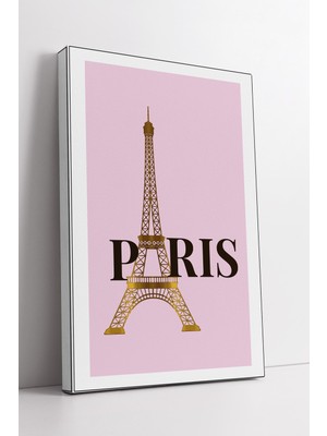 KOSS Dijital Pembe Zemin Üzerinde Altın Eiffel Tower Paris Yazılı Modern Kanvas Tablo Şık Duvar Dekoru