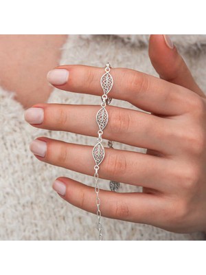 Katre46 Gümüş Telkari Yaprak Desenli Kadın Bileklik