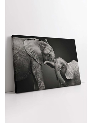 KOSS Dijital Fil Ailesi Kanvas Tablo, Yavru Fil Tablo, Dekoratif Fil Portresi Kanvas, Premium Kalite, Dekor Tablo