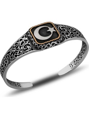 Katre46 Gümüş Ay Yıldız Ayarlanabilir Kelepçe Erkek Bileklik