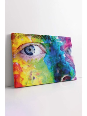 KOSS Dijital Rengarenk Boyalı Yüz ve Mavi Gözler Yakın Çekim Insan Portresi Dekoratif Yatay Premium Kanvas Tablo