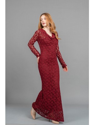 Degaje Yaka Güpür Detaylı Astarlı Tül Slim Uzun Elbise – Missvina 50365