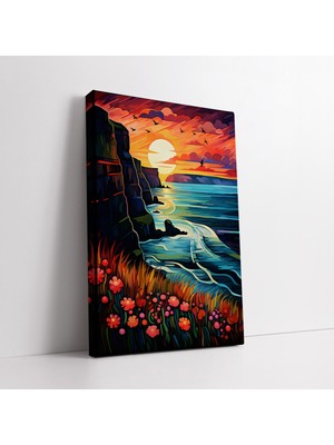 KOSS Dijital Irlanda Moher Kayalıkları Soyut Suluboya Görünümlü Kanvas Tablo, Deniz ve Gün Batımı Duvar Dekoru