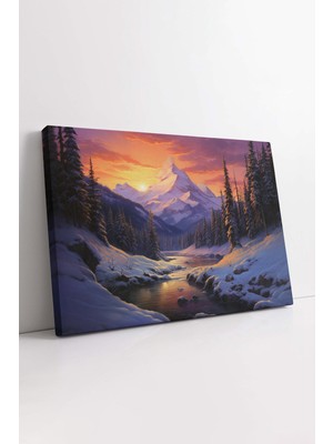 KOSS Dijital Karlı Dağ Doğa Manzarası Kanvas Tablo, Vadi Çizim Tablo, Gün Doğumu ve Batımı Kanvas, Lüks Tablo