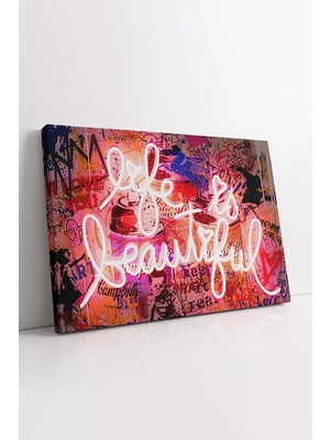 KOSS Dijital Neon Görünümlü Hayat Güzel Grafiti Sanatı Dekoratif Kanvas Tablo, Soyut Motivasyon Duvar Dekoru