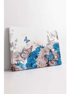KOSS Dijital Mavi Kelebekler Kanvas Tablo, Mavi Çiçekler Kanvas, Kelebek Tablo, Ofis Salon Yatak Odası Antre