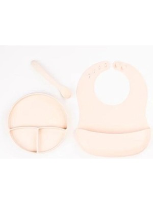 Die Grup Krem Rengi 3’lü Silikon Yemek Seti – Önlük + Diş Kaşıyıcılı Kaşık + Vakumlu Tabak Dıe