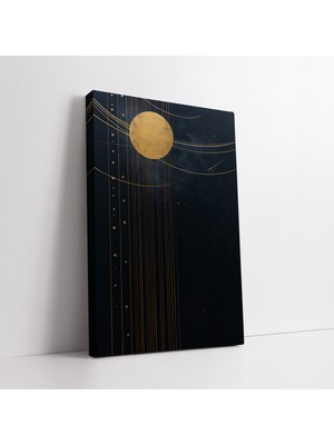 KOSS Dijital Minimalist Soyut Güneş ve Altın Görünümlü Çizgiler Dekoratif Kanvas Tablo, Ofis Antre Oturma Odası