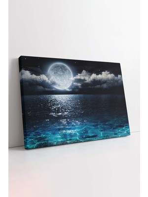 KOSS Dijital Okyanus ve Ay Kanvas Tablo, Mavi Deniz Kanvas, Dolunay Tablo, Dekoratif Hd Baskı, Premium Tablo