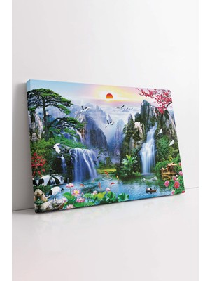 KOSS Dijital Gün Batımında Şelale Balıklar Kuşlar Ağaçlar Dağ Doğa Manzarası Dekoratif Yatay Modern Kanvas Tablo