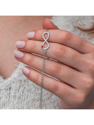 Katre46 Gümüş Sonsuzluk Kırmızı Kalpli Kadın Bileklik