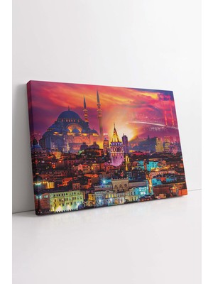 KOSS Dijital Galata Kulesi Süleymaniye Camii Boğaz Köprüsü Istanbul Gece Manzarası Dekoratif Yatay Kanvas Tablo