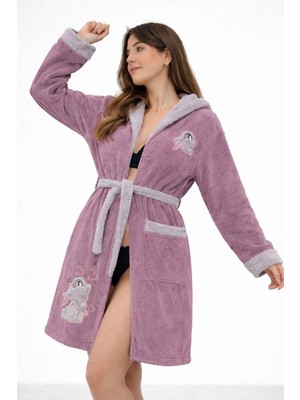 Caspara Wellsoft Tavşan Nakışlı Kapüşonlu Kadın Polar Bornoz - Yumuşak , Sıcak , Premium Ev Giyim Sabahlık