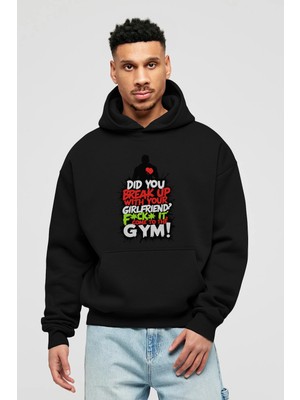 Ankhises Gym , Spor , Fitness Serisi 50 Ön Baskılı Siyah Hoodie Oversize Kapüşonlu Sweatshirt Erkek Kadın
