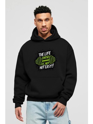Ankhises Gym , Spor , Fitness Serisi 4 Ön Baskılı Siyah Hoodie Oversize Kapüşonlu Sweatshirt Erkek Kadın