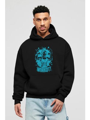 Ankhises Gym , Spor , Fitness Serisi 77 Ön Baskılı Siyah Hoodie Oversize Kapüşonlu Sweatshirt Erkek Kadın