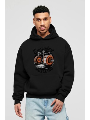Ankhises Gym , Spor , Fitness Serisi 18 Ön Baskılı Siyah Hoodie Oversize Kapüşonlu Sweatshirt Erkek Kadın