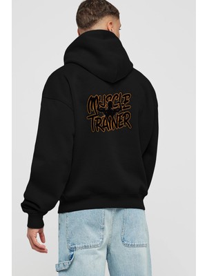 Ankhises Gym , Spor , Fitness Serisi 55 Arka Baskılı Siyah Hoodie Oversize Kapüşonlu Sweatshirt Erkek Kadın