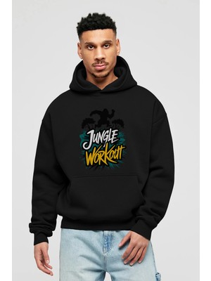 Ankhises Gym , Spor , Fitness Serisi 73 Ön Baskılı Siyah Hoodie Oversize Kapüşonlu Sweatshirt Erkek Kadın