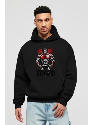 Ankhises Gym , Spor , Fitness Serisi 80 Ön Baskılı Siyah Hoodie Oversize Kapüşonlu Sweatshirt Erkek Kadın