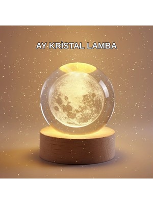 Die Grup 8 cm Ay Desenli Kristal Küre Sıcak LED Işıklı Ahşap Tabanlı Oda Lambası DIEGRP-RSKRGLT34