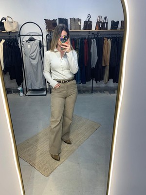 Ecenin Favorileri Bej Geniş Kesik Paça Wide Leg Kadın Jean Pantolon